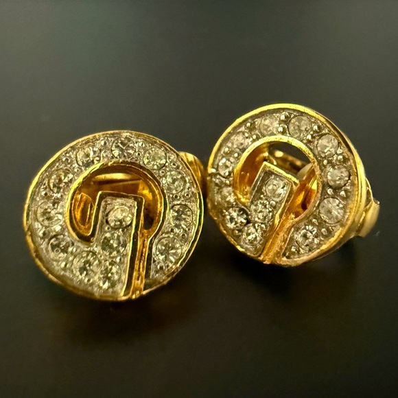 LOT 1715 18K gold plated Givenchy vintage GG crystals clip on earrings - Picture 1 of 11